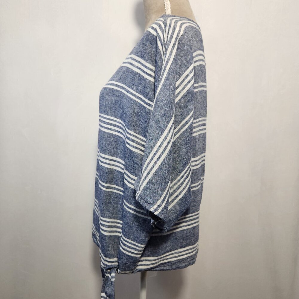 Beach Lunch Lounge Size Large Blue White Linen Blend Boxy Striped Side Tie Top - Picture 9 of 13